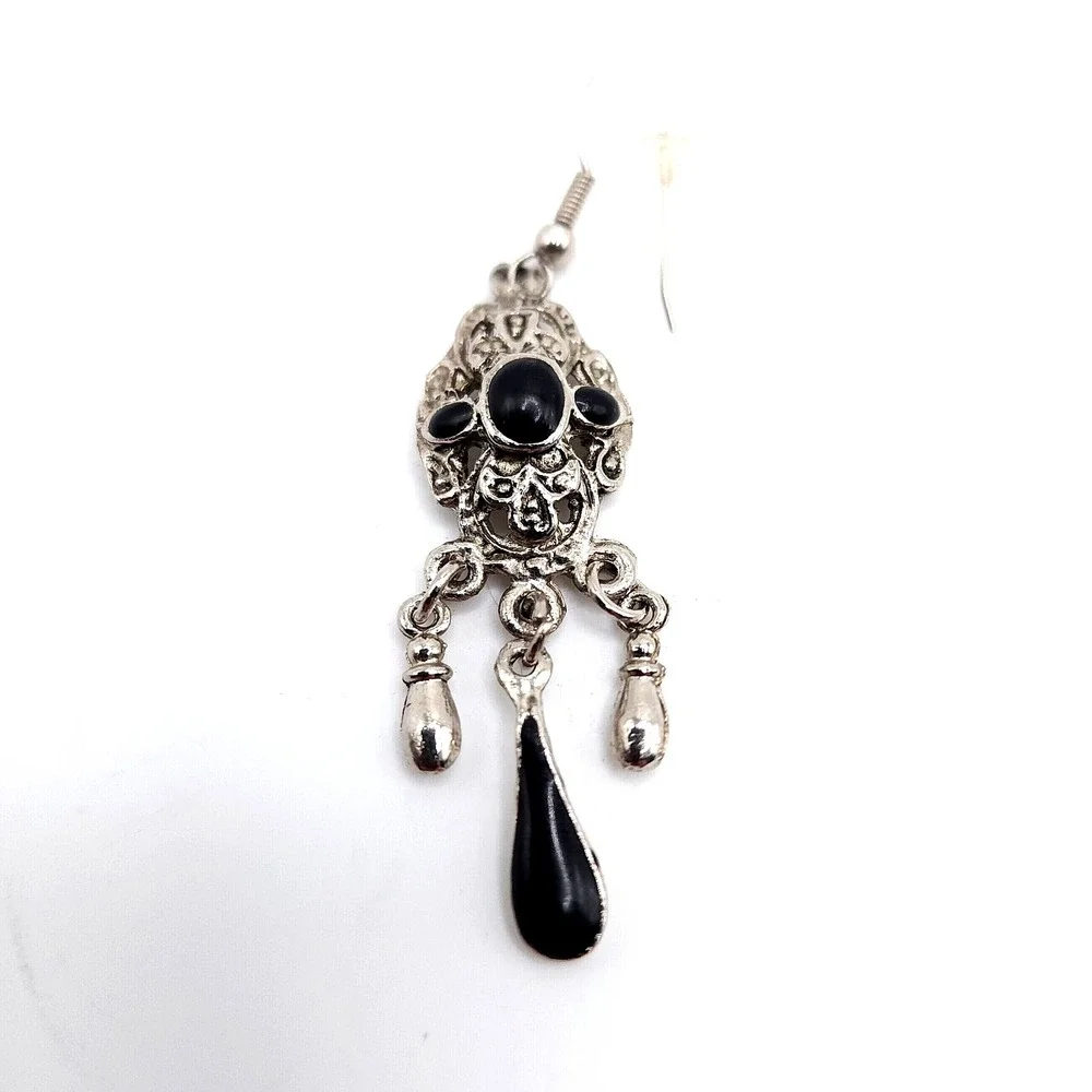 Victorian Dangle Earrings Silver‎ Filigree Faux Onyx Gothic